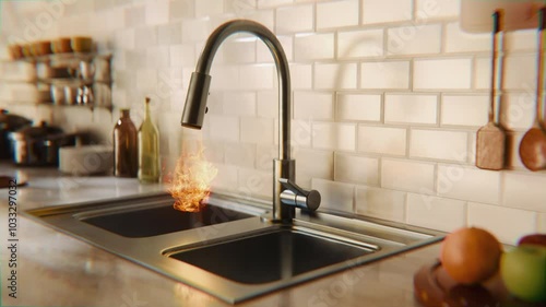 3D amination of a kitchen faucet opening and fire spewing out