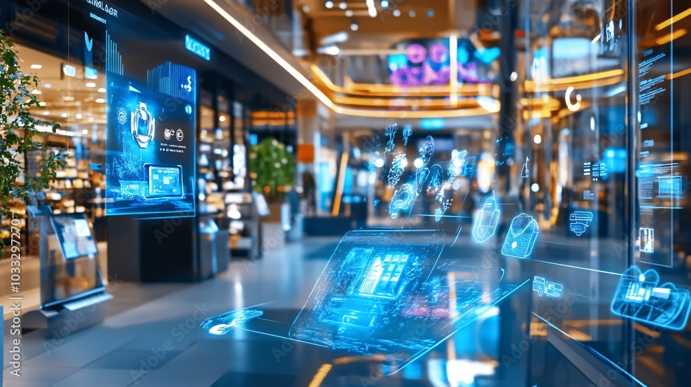 Futuristic Digital Displays In Modern Shopping Mall. Futuristic Digital Displays In Modern Shopping Mall.