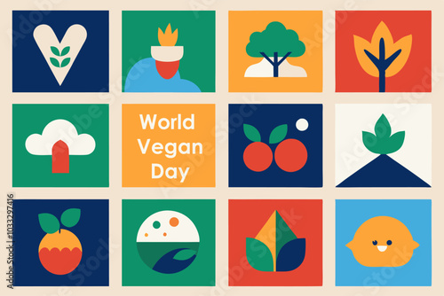 Abstract minimalist posters celebrating world vegan day with nature-inspired designs