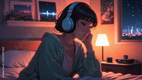 woman listening to music with headphones in bedroom at night. Anime art style.