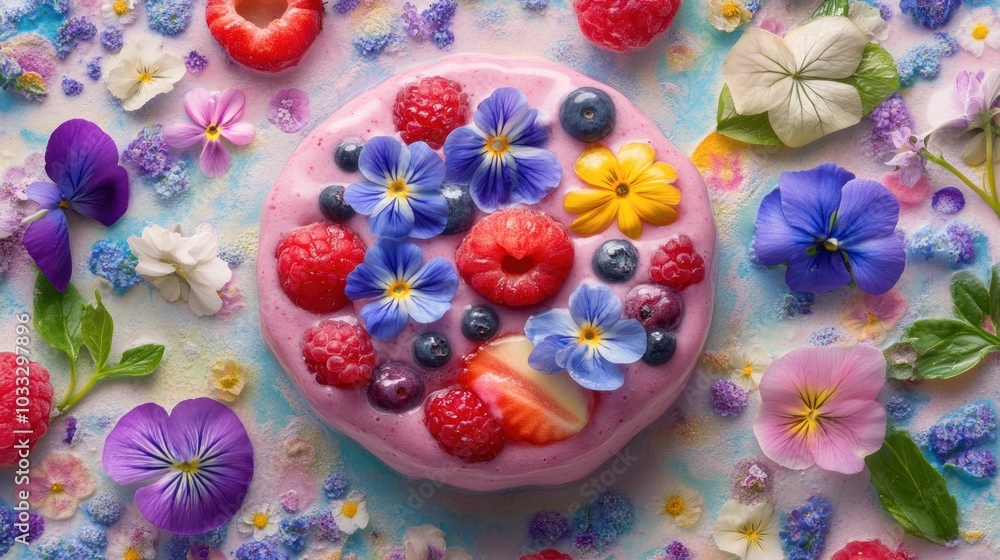 A pink smoothie bowl topped with fresh raspberries, blueberries, and edible flowers. The bowl is surrounded by scattered flowers on a pink, blue, and green background. A pink smoothie bowl topped with fresh raspberries, blueberries, and edible flowers. The bowl is surrounded by scattered flowers on a pink, blue, and green background.