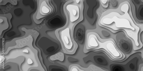  3D Stylized Gray Topographic Contour Scheme and Terrain. Geographic mountain terrain. Contour map background. 3D Cartographic Weave with seamless striped patterns and wavy Shapes.