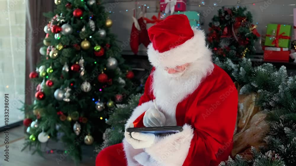 Busy Santa with tablet and stylus making list of gifts and Christmas chores sitting near Christmas tree and festive garlands. Busy Santa with tablet and stylus making list of gifts and Christmas chores sitting near Christmas tree and festive garlands.