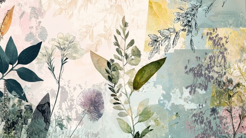Artistic botanical illustration with layered textures and colors