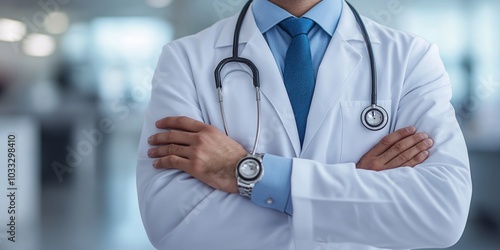 Indian doctor standing confidently with arms crossed, wearing stethoscope and professional attire photo