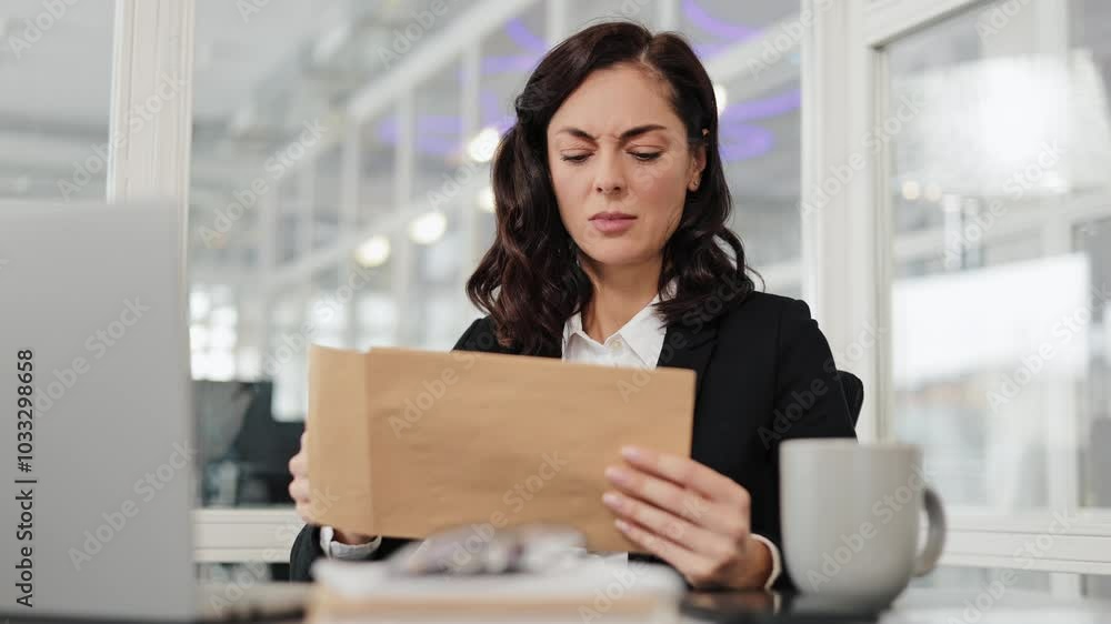 Businesswoman looks concerned while reading a letter at her desk. She looks worried and stressed as she reads the document. Her laptop, glasses, and a coffee cup are on the table. Businesswoman looks concerned while reading a letter at her desk. She looks worried and stressed as she reads the document. Her laptop, glasses, and a coffee cup are on the table.