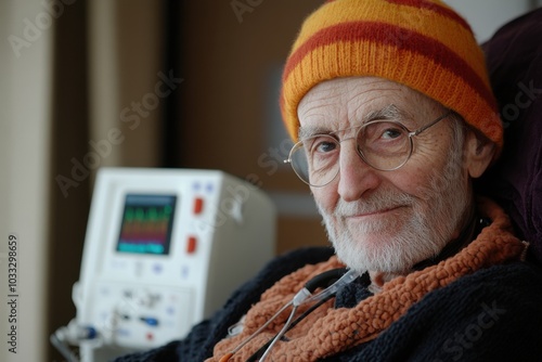 Dialysis patient connected to machine, serene expression