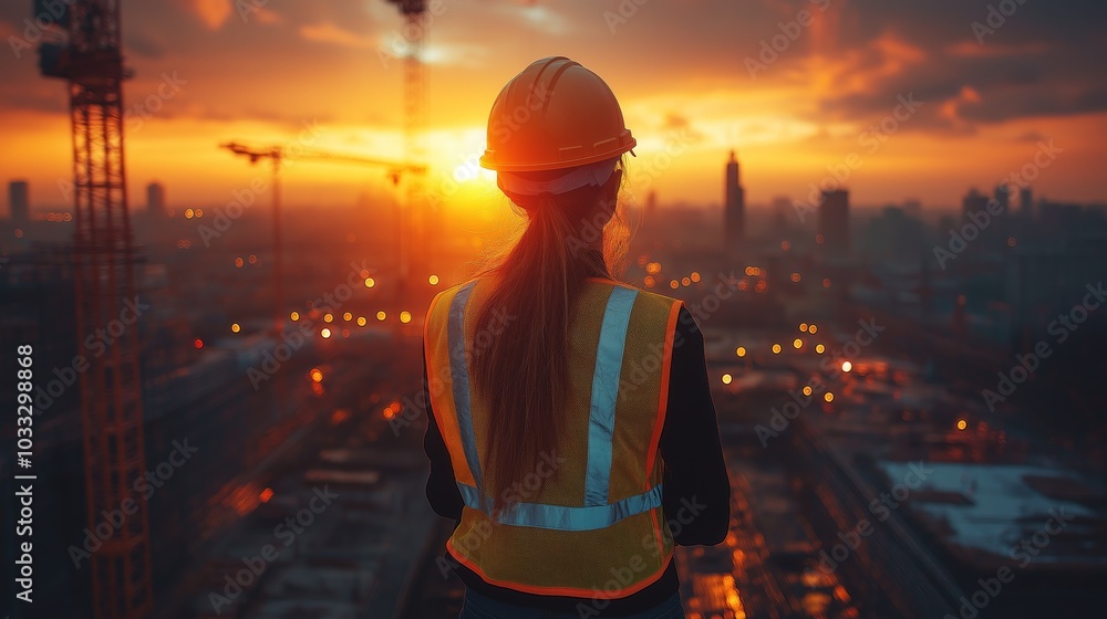 Worker in safety gear watching illuminated oil refinery operations at twilight, reflective and secure Worker in safety gear watching illuminated oil refinery operations at twilight, reflective and secure