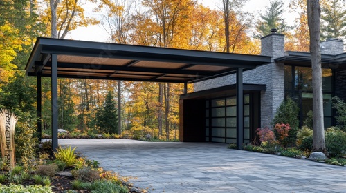 Modern house exterior with a carport and autumn foliage.
