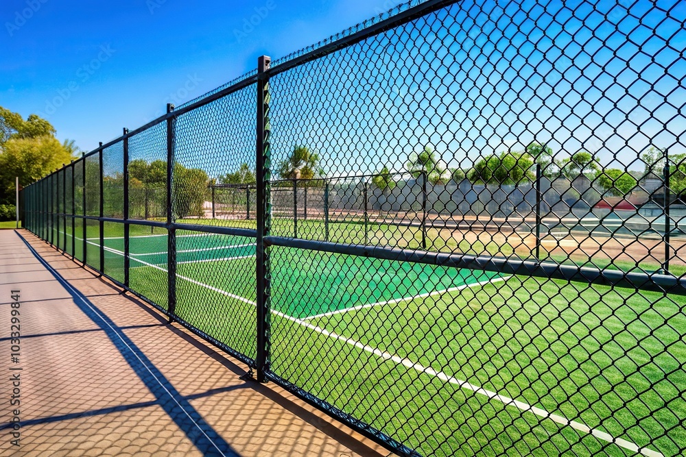 Pickleball courts behind fence Pickleball courts behind fence