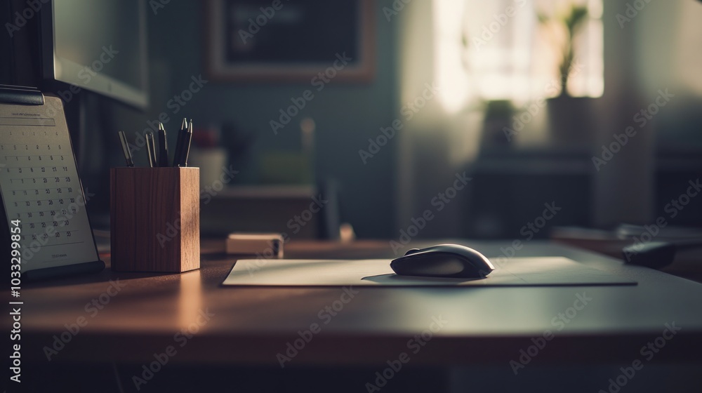 Minimalist Home Office Desk Setup with Mouse and Calendar Minimalist Home Office Desk Setup with Mouse and Calendar