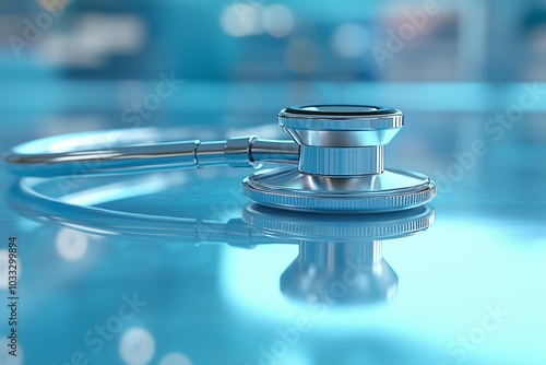 Close-up of stethoscope resting on a reflective surface in a bright medical environment photo