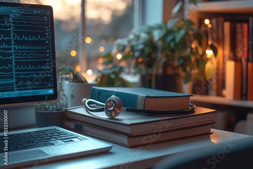 Medical books and stethoscope on a desk beside a heart monitor screen in a cozy study photo