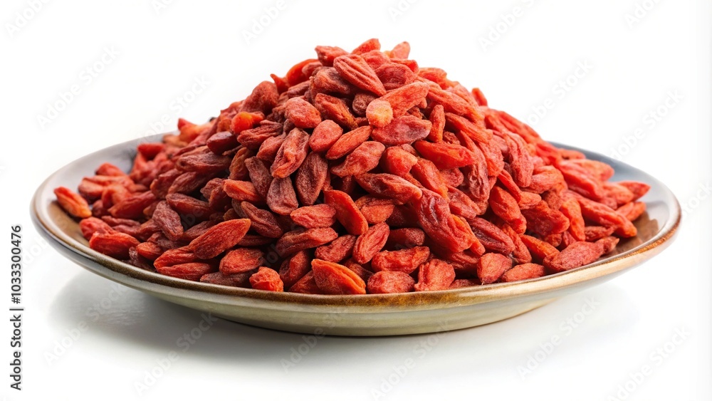 Pile of dried goji berries in a ceramic plate isolated on white background Pile of dried goji berries in a ceramic plate isolated on white background