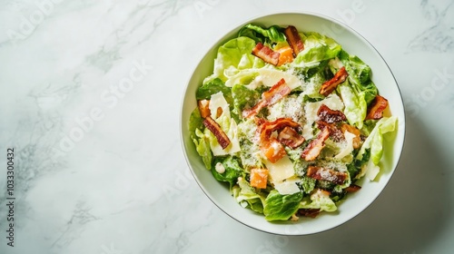 A bowl of Caesar salad with lettuce, bacon, parmesan cheese, and croutons on a white marble background.