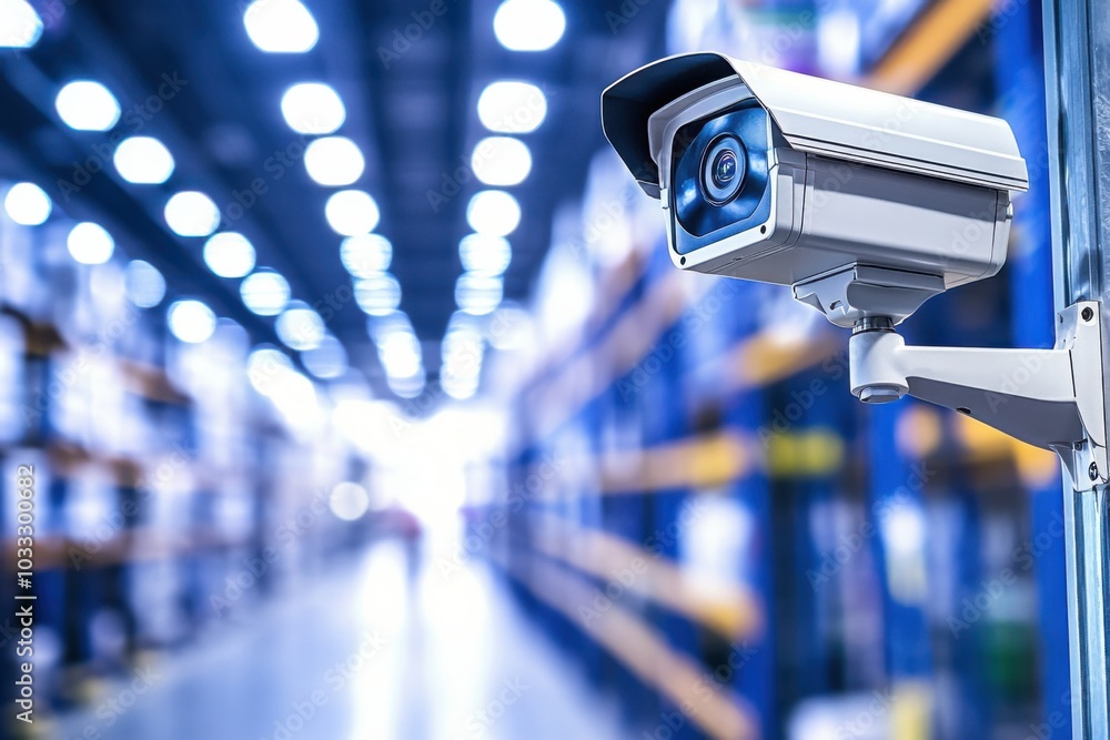 A security camera mounted on a warehouse wall, surveying the perimeter A security camera mounted on a warehouse wall, surveying the perimeter