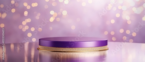 Elegant purple and gold podium atop a reflective surface, abstract background with bokeh lights, luxury product placement in an opulent setting