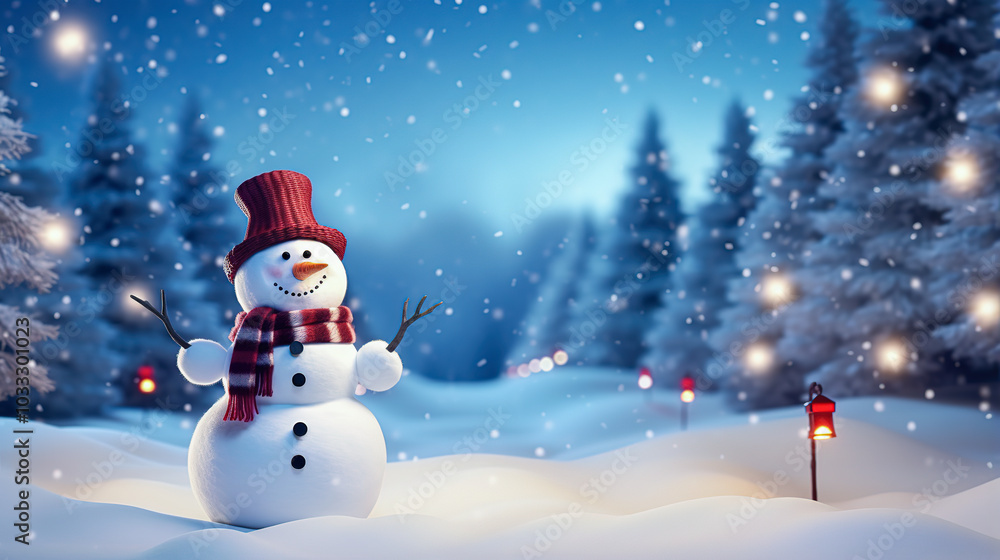 Happy snowman standing in Christmas landscape with copy space. Generative Ai. Happy snowman standing in Christmas landscape with copy space. Generative Ai.