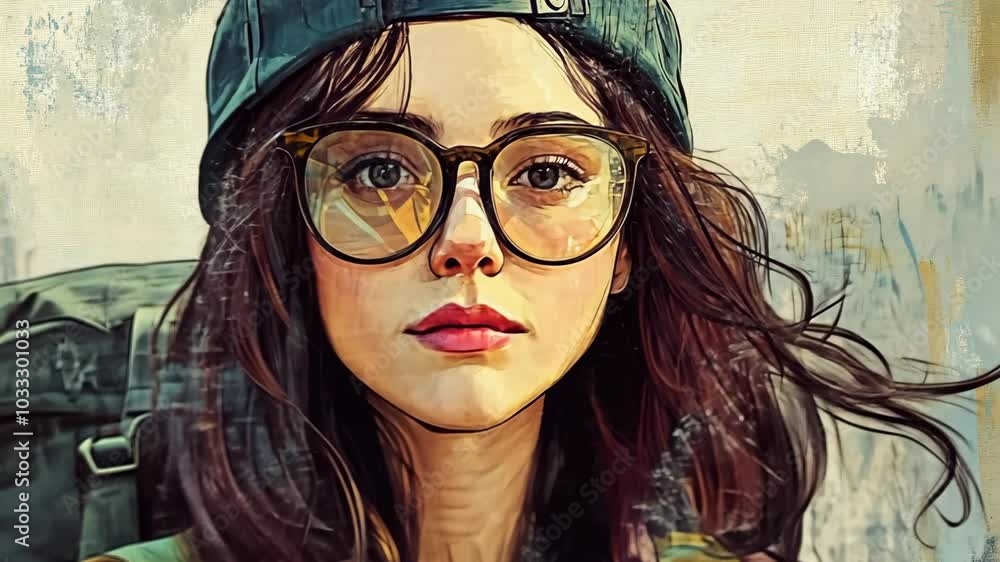 A young woman with long brown hair, wearing a cap and glasses, stares intently into the distance A young woman with long brown hair, wearing a cap and glasses, stares intently into the distance