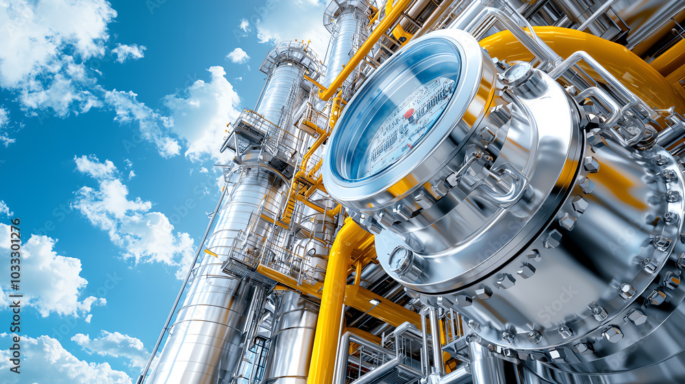 Close-up view of industrial machinery with shiny metal parts and bright blue sky. Close-up view of industrial machinery with shiny metal parts and bright blue sky.