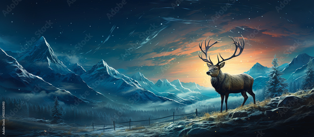 Illustration of A reindeer with snowy landscape under the full moon. Merry Christmas and Happy Holidays. Generative Ai. Illustration of A reindeer with snowy landscape under the full moon. Merry Christmas and Happy Holidays. Generative Ai.