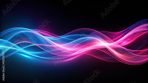 Pink and blue translucent luminous waves of light undulate gracefully against a dark backdrop