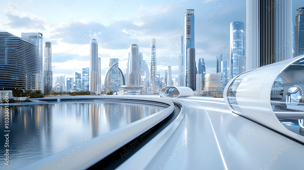 Futuristic city skyline with advanced architecture and a serene waterway. Futuristic city skyline with advanced architecture and a serene waterway.