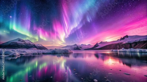 Pink and purple aurora borealis dancing over a glacier in a panoramic view