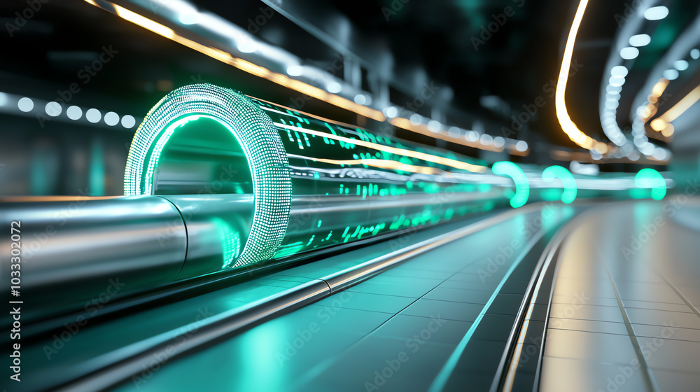 Futuristic transportation tube with glowing elements, sleek design and motion blur, modern technology concept. Futuristic transportation tube with glowing elements, sleek design and motion blur, modern technology concept.