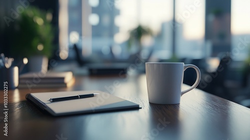 Modern Office Desk Setup with Coffee Mug and Notebook