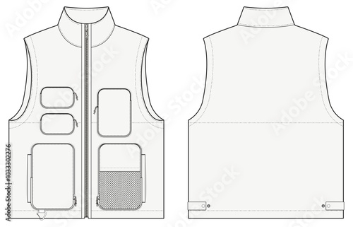Utility Vest Hiking Jacket Design Vector CAD Template fashion illustration front and back views