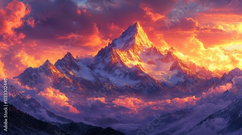 A majestic snow-capped mountain peak glows with the fiery hues of a dramatic sunset. The sky is ablaze with color, casting an ethereal glow on the surrounding landscape.