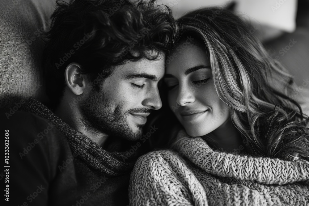 Loving couple relaxing on sofa, Generative AI Loving couple relaxing on sofa, Generative AI
