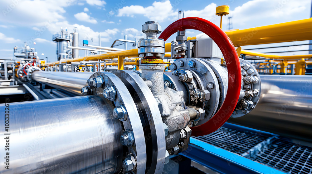 Industrial pipeline system with valves and blue sky in the background, showcasing modern engineering.