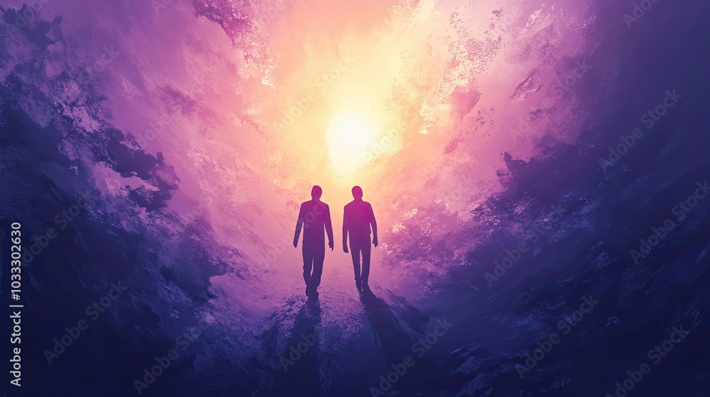 Fototapeta premium Two Silhouettes Walking Towards a Bright Light in a Purple and Pink Swirling Sky