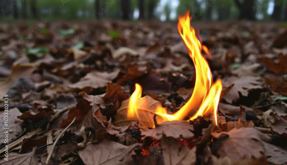 A small fire is burning in a bed of brown leaves. Trees are in the background.
A small fire is burning in a bed of brown leaves. Trees are in the background.