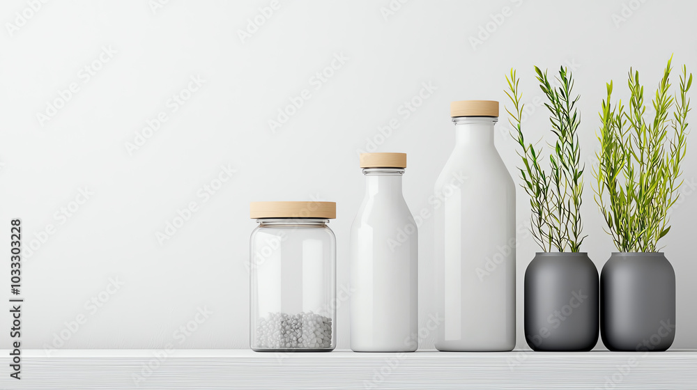 Modern kitchen display with glass jars and minimalist vases, showcasing a stylish home aesthetic against a neutral background. Modern kitchen display with glass jars and minimalist vases, showcasing a stylish home aesthetic against a neutral background.