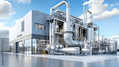 Modern industrial plant showcasing advanced architecture with intricate piping and machinery under a clear blue sky.