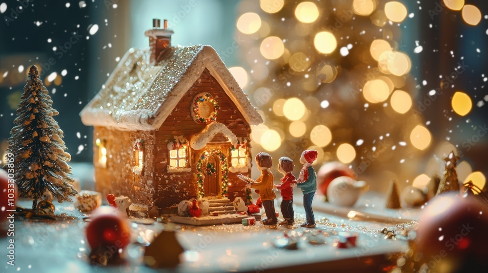 Festive scene of a gingerbread house with children in the snow Festive scene of a gingerbread house with children in the snow
