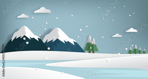 Snowy mountain winter landscape scenery paper cut style. 