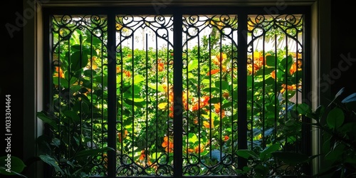 Wallpaper Mural Ornate window view with blooming flowers and lush foliage. Torontodigital.ca