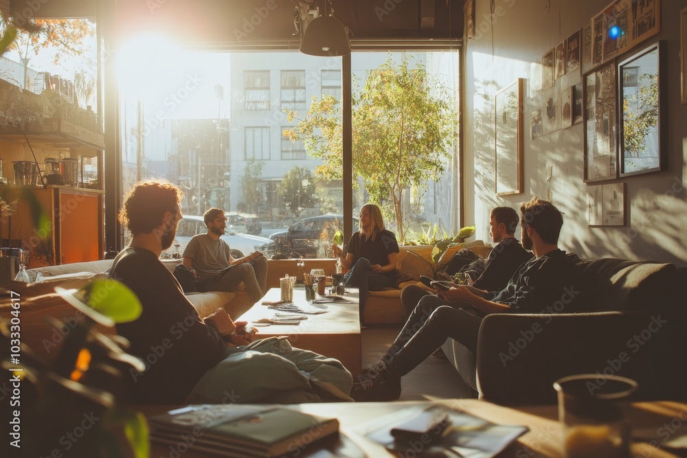 Obraz premium Creative business people taking a break in social room, Generative AI