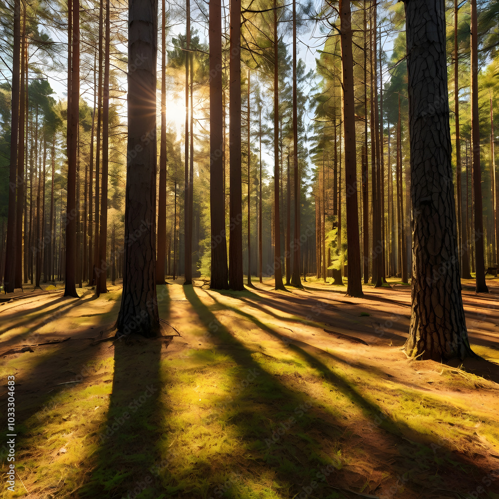 Obraz premium Golden Sunlight Filtering Through Pine Trees