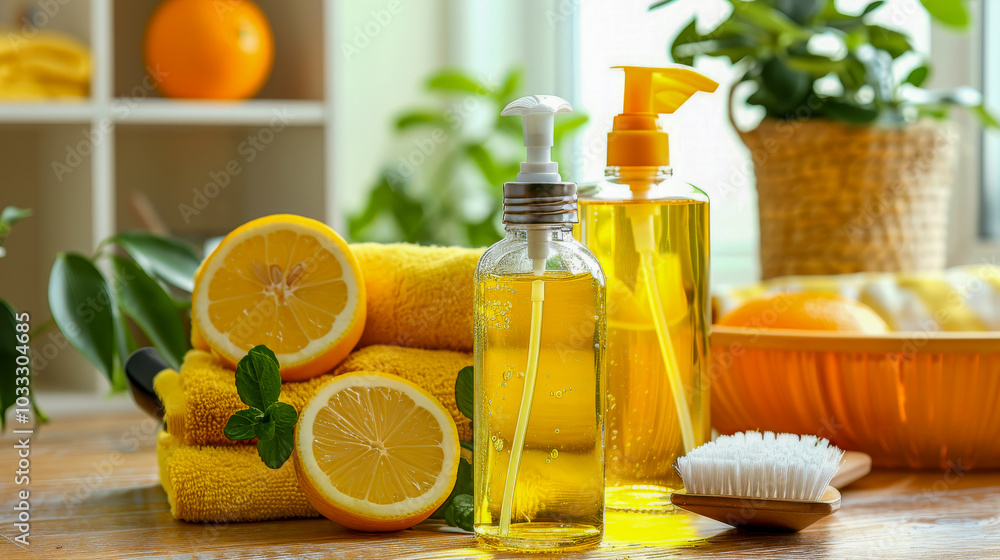 Collection of cleaning products with citrus and greenery, creating a fresh and vibrant atmosphere Collection of cleaning products with citrus and greenery, creating a fresh and vibrant atmosphere