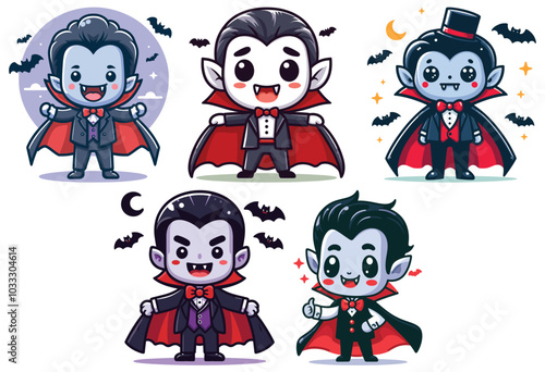 Cute cartoon vampires smiling in red capes with bats, Halloween illustration, party decor