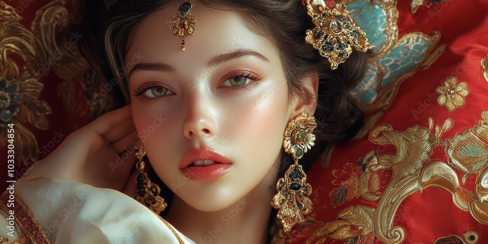 Woman in gold jewelry on red fabric. Woman in gold jewelry on red fabric.