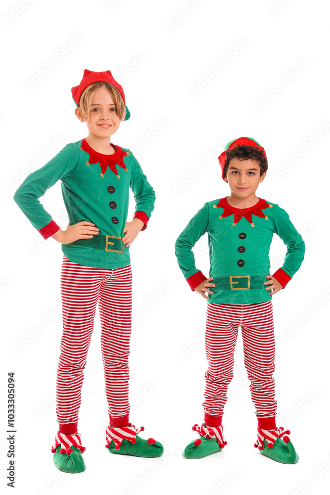Cute little children in elves costumes isolated on white background Cute little children in elves costumes isolated on white background