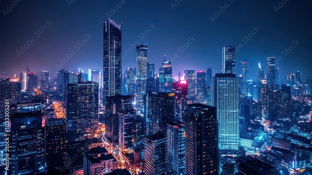 Obraz premium Night cityscape with tall buildings and neon lights.