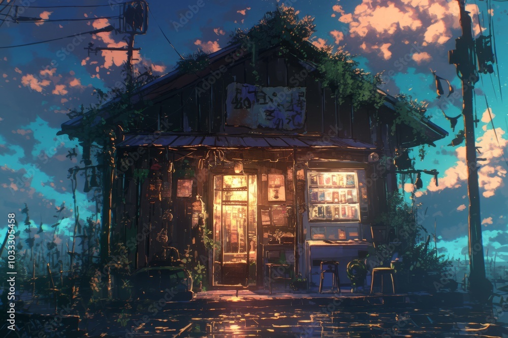 A creaky wooden house with flickering lights and an eerie glow, cozy vibe, Generative AI A creaky wooden house with flickering lights and an eerie glow, cozy vibe, Generative AI