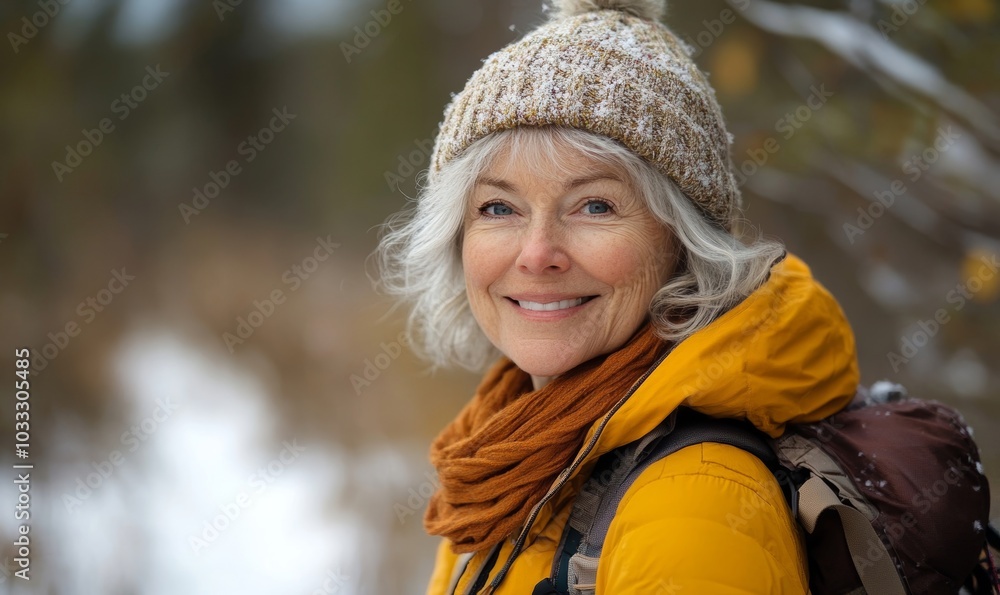 Cheerful senior woman enjoying her hiking trip, Generative AI Cheerful senior woman enjoying her hiking trip, Generative AI